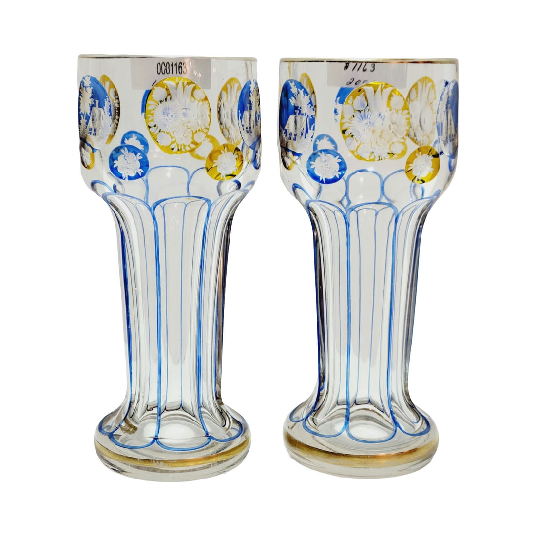 Set of 2 German Heavy Beakers, Art Nouveau Design: 7 3/4" Hand Blown dimple cut with facets, amber and cobalt stained, wheel cut designs, circa 1900's