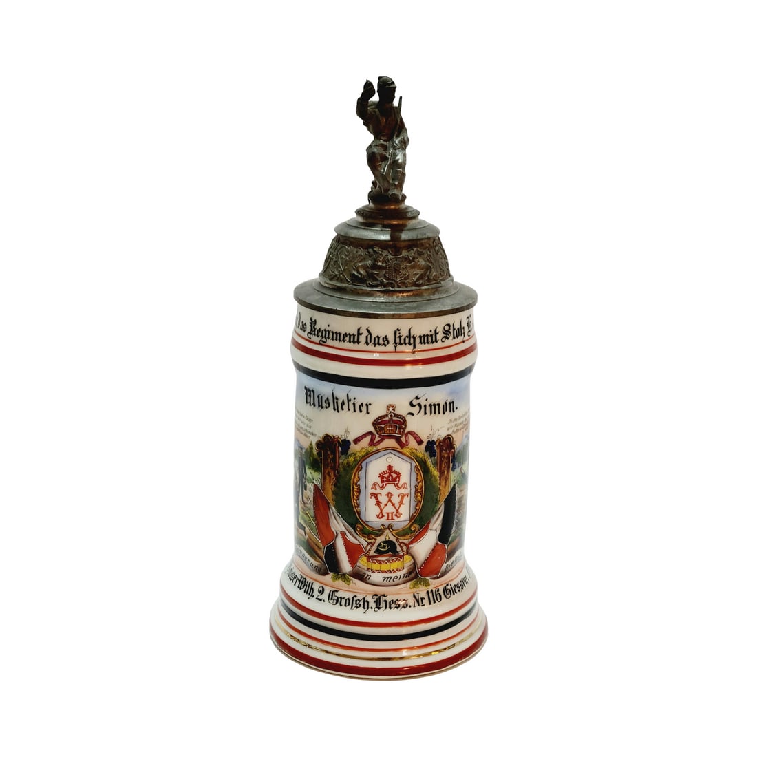 German Regimental Beer Stein, Inft. Regt. Kaiser-Wilh. 2. Grolsh. Hess. Nr 116 Giessen. 1902-04. (1 of 11)