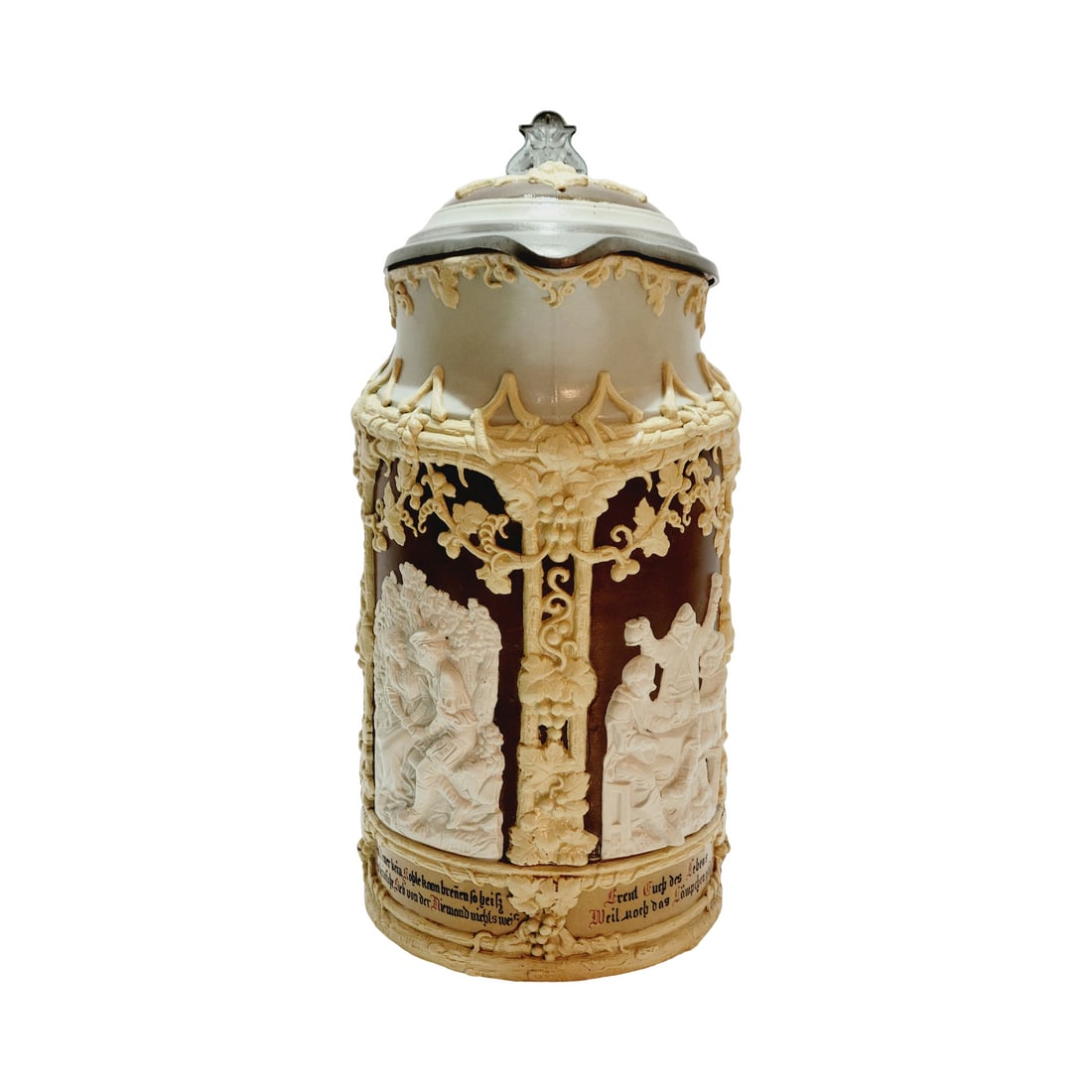 Mettlach #409 Drinking Scenes: 2.7 Pottery in relief with inlaid lid, design attributed to Ludwig Foltz II, circa 1885