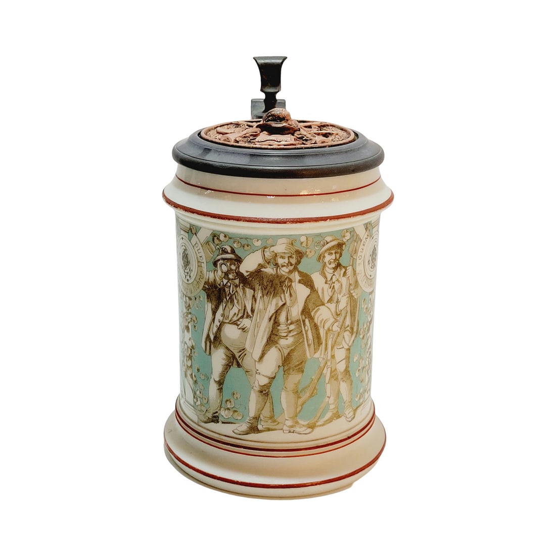 Mettlach #728 Beer Stein, Hunters: 1/2 Liter Parian transfer with appropriate copper lid, circa 1850's