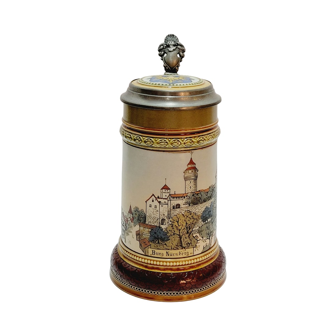 Mettlach #2277 Beer Stein, Burg Nurnberg: 1/2 Liter Pottery etched with inlaid lid, circa 1900