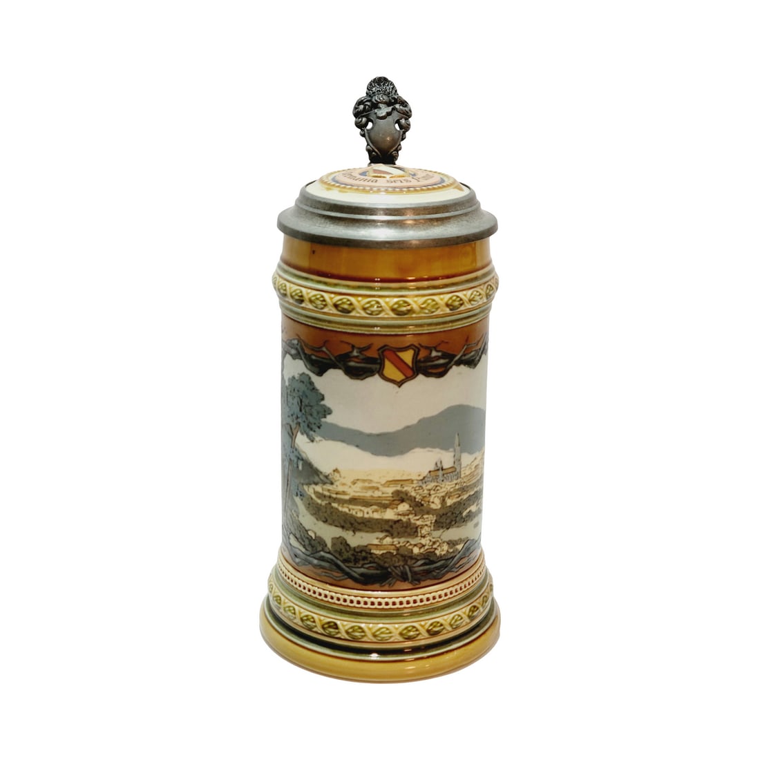 Mettlach #1795 Beer Stein, View of Freiburg: 1/2 Liter Pottery etched with inlaid lid, signed by Christian Warth, circa 1901