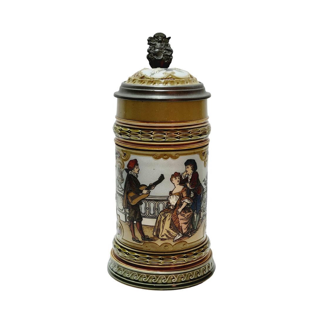 Mettlach #2285 Beer Stein, Guitar Player: 1/2 Liter Pottery etched with inlaid lid, circa 1897