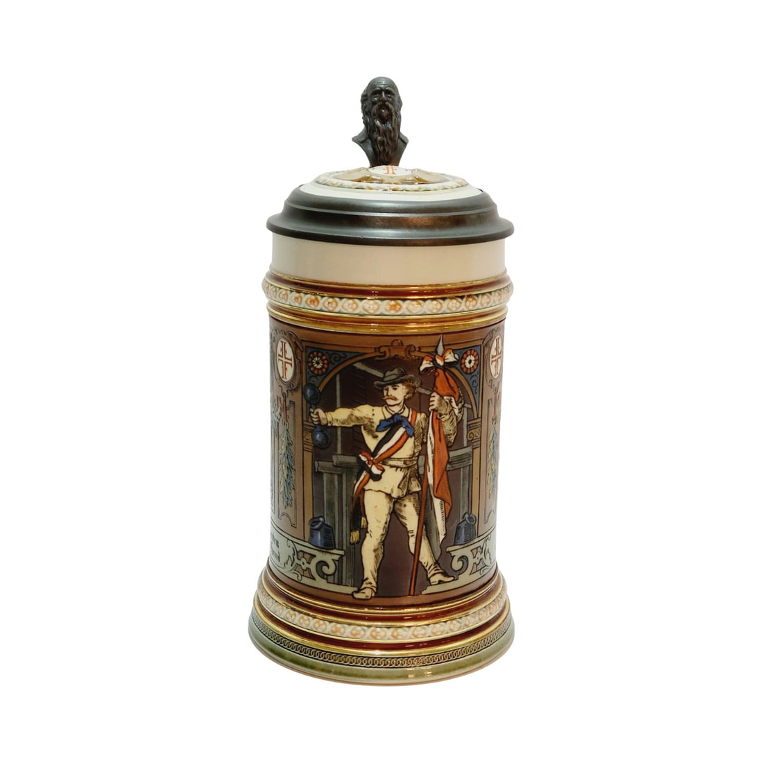 Mettlach #1914 Beer Stein, Gymnast: 1/2 Liter Pottery etched with inlaid lid, circa 1897