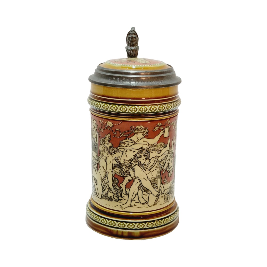 Mettlach #2035 II Beer Stein, Bacchus Draught: 3/10 Liter Pottery etched with inlaid lid, circa 1892