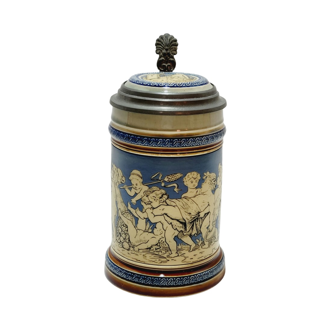 Mettlach #2025 II Beer Stein, Cherubs Playing: 3/10 Liter Pottery etched with inlaid lid, circa 1899