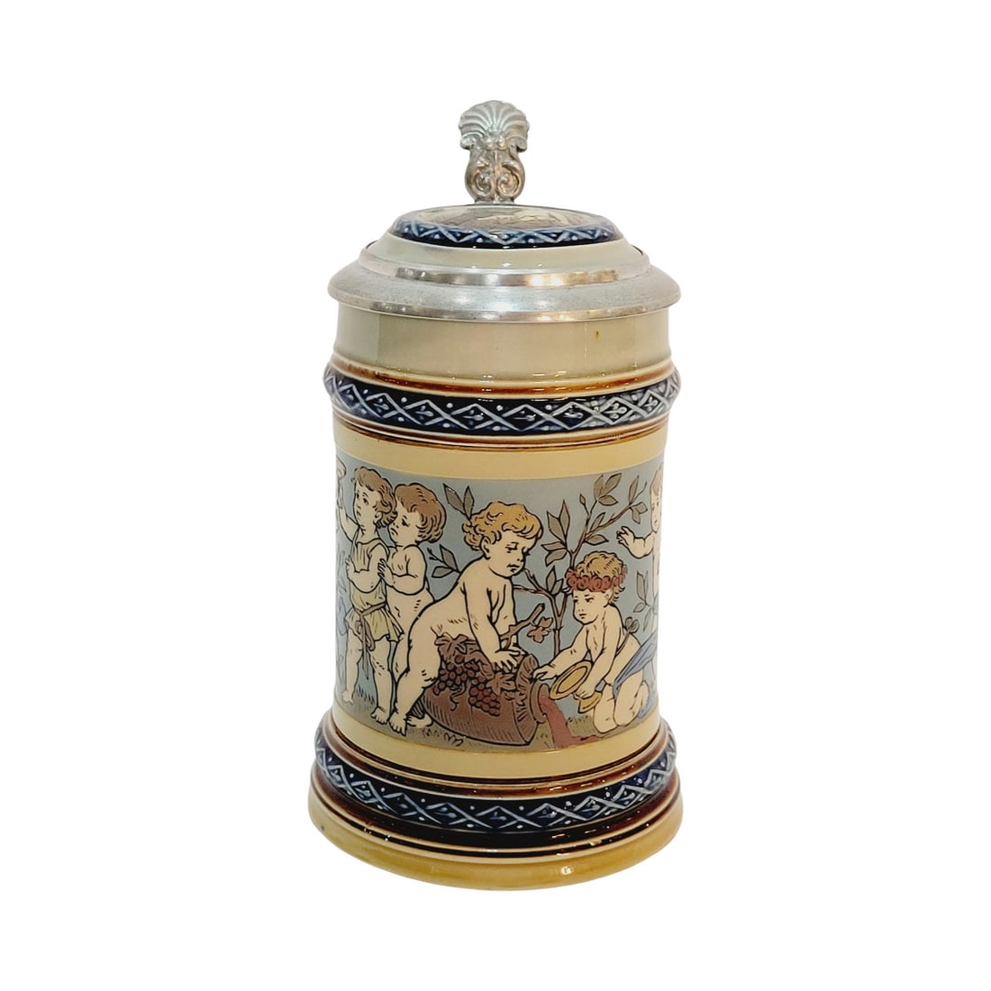 Mettlach #2121 Beer Stein, Cherubs and Drink: 1/4 Liter Pottery etched with inlaid lid, circa 1899