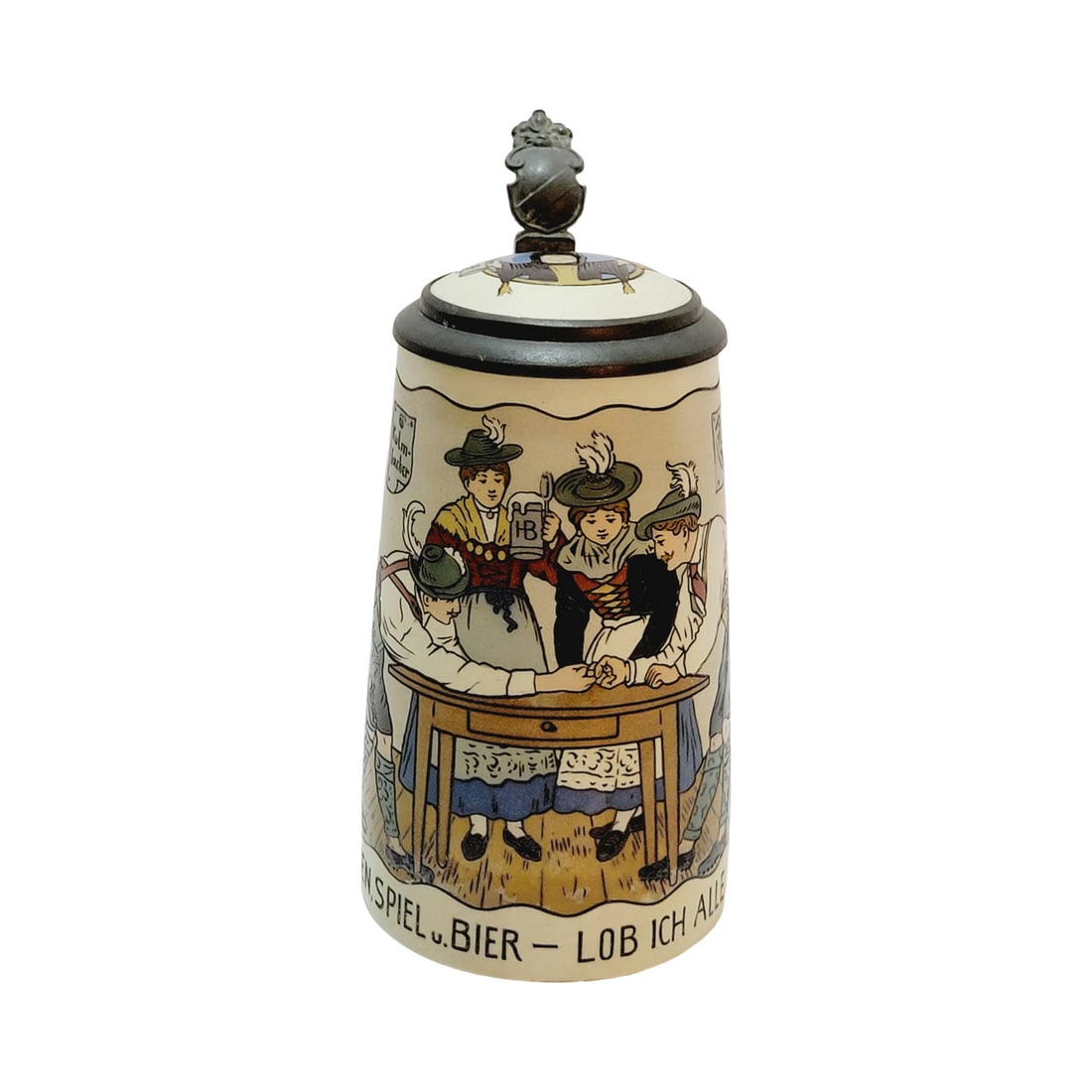 Mettlach #3350 III Beer Stein, Finger Wrestling: 4/10 Liter Pottery etched with inlaid lid, circa 1911