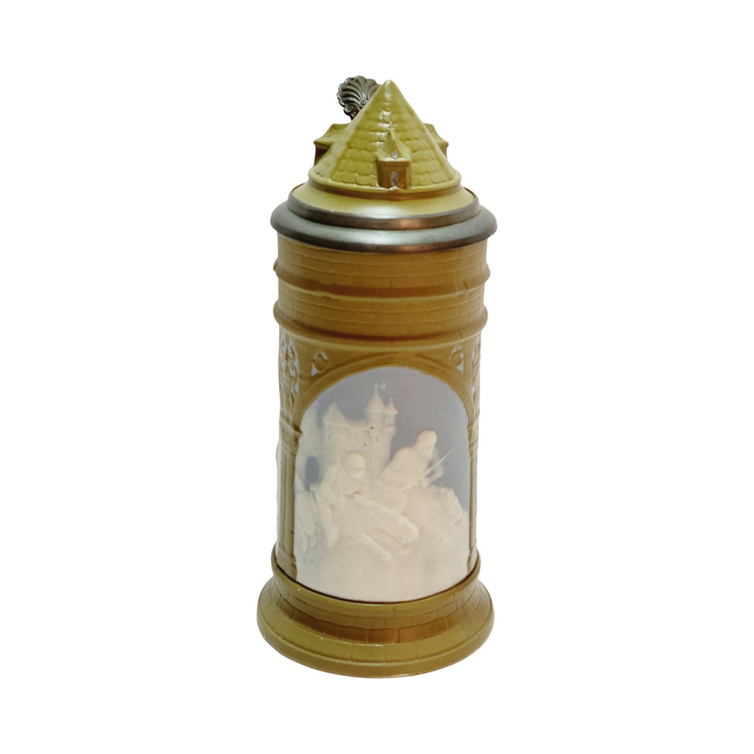 Mettlach #2479 Beer Stein, Knight Hildebrand and His Son Hadubrand: 1/2 Liter Pottery cameo in relief with conical lid, circa 1898