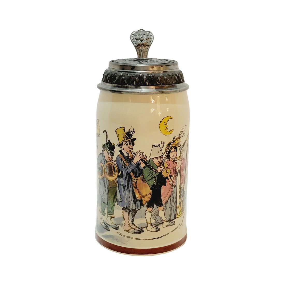 Mettlach #1909/1109 Beer Stein, Roaming Musicians: 1/2 Liter Pottery print under glaze with pewter lid, signed by Heinrich Schlitt, circa 1900