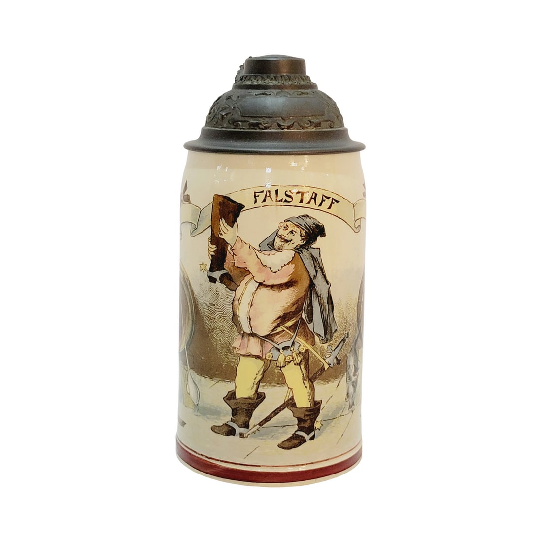 Mettlach #1909/893 Beer Stein, Falstaff with Saying: 1/2 Liter Pottery print under glaze with pewter lid, circa 1896