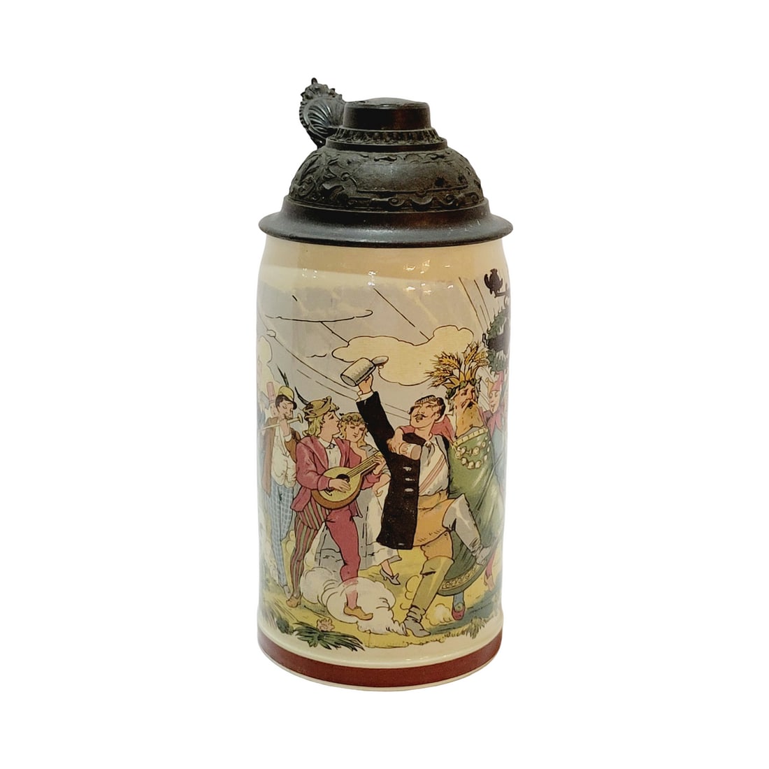 Mettlach #1909/702 Beer Stein, Procession to the Tavern: 1/2 Liter pottery print under glaze with pewter lid, circa 1900
