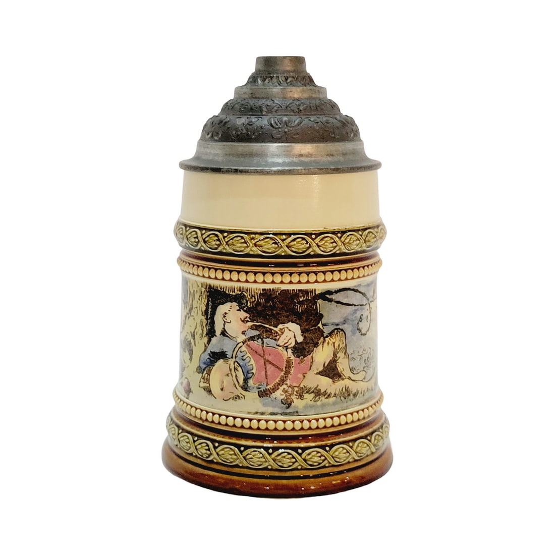 Mettlach #2181/958 Beer Stein, Hunter in Rococo Times: 1/4 Liter Pottery print under glaze with pewter lid, Signed by Heinrich Schlitt, circa 1895
