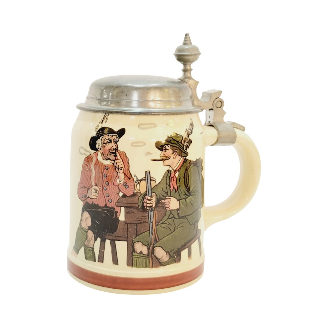 Mettlach #1526/1282 Beer Stein, Hunter & Farmer with Saying: 1/2 Liter Pottery print under glaze with pewter lid, circa 1908