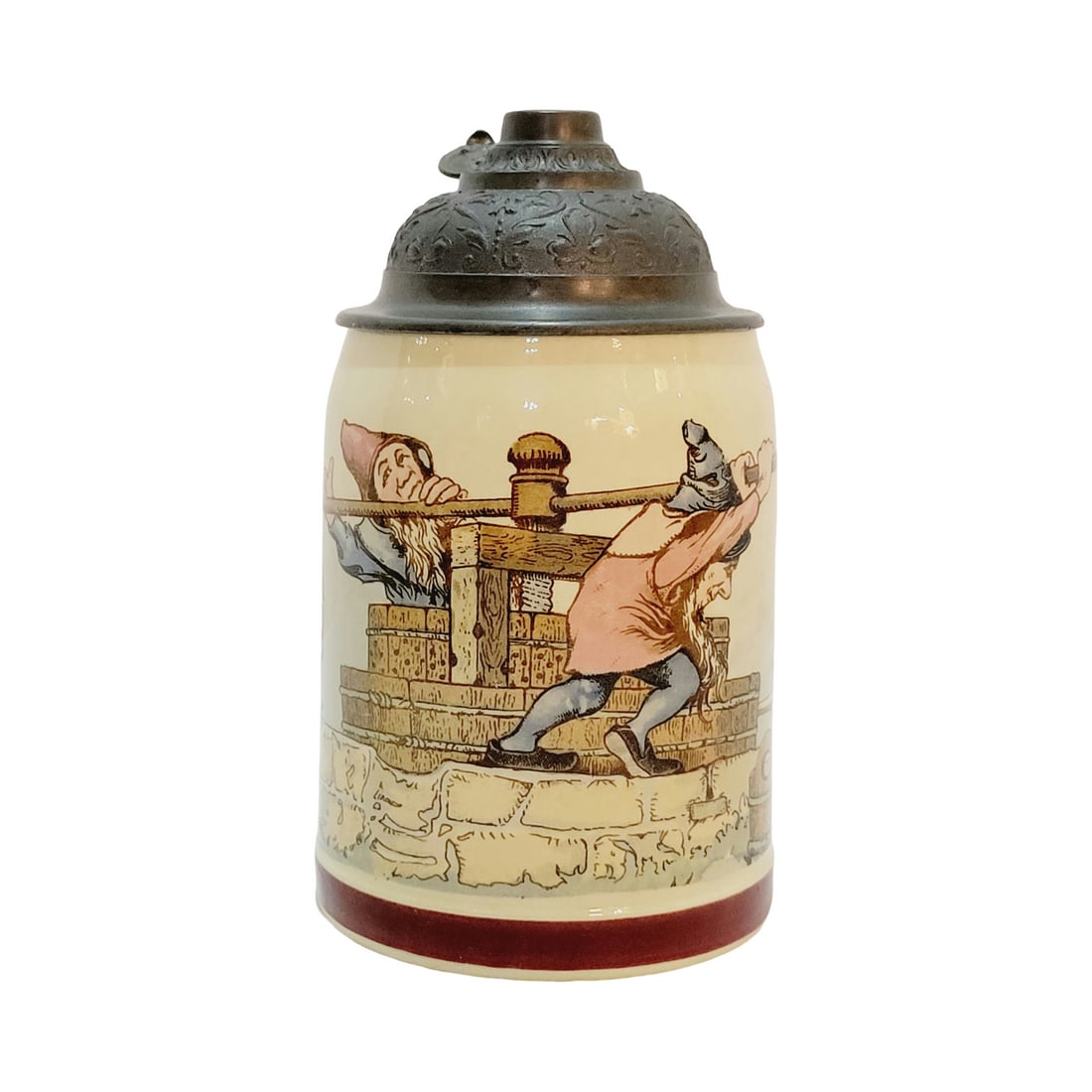 Mettlach #1526/1009 Beer Stein, Gnomes Pressing Wine: 1/2 Liter Pottery print under glaze with pewter lid, circa 1900