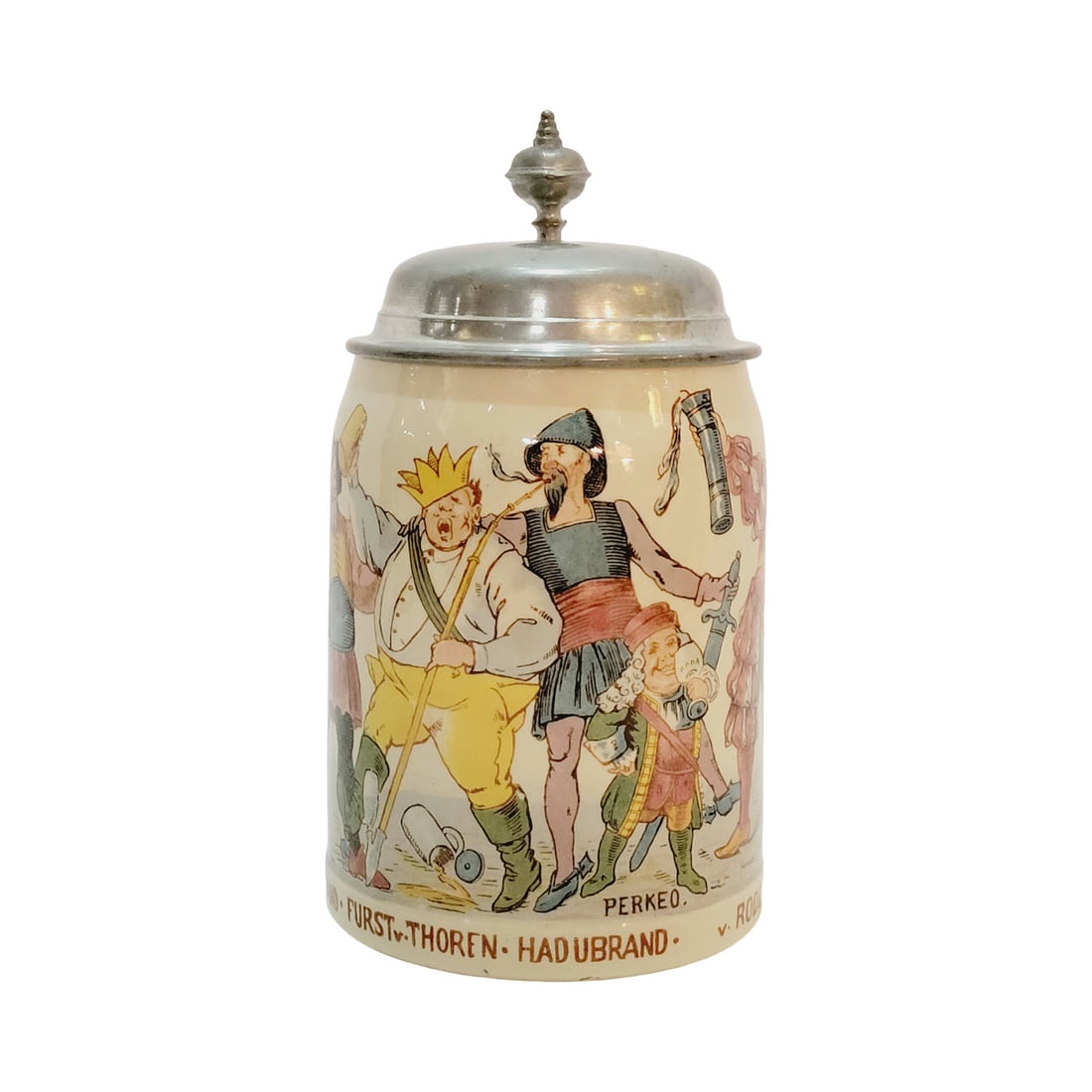 Mettlach #1909/715 Beer Stein, Characters from Student Songs: 1/2 Liter Pottery print under glaze with pewter lid, circa 1903