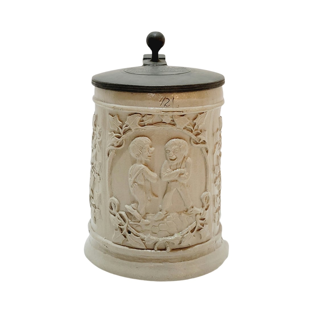 German Beer Stein, Early Germans Talking: 1/2 Liter Stoneware with pewter lid, commonly referred to as Regensburg, circa 1870's