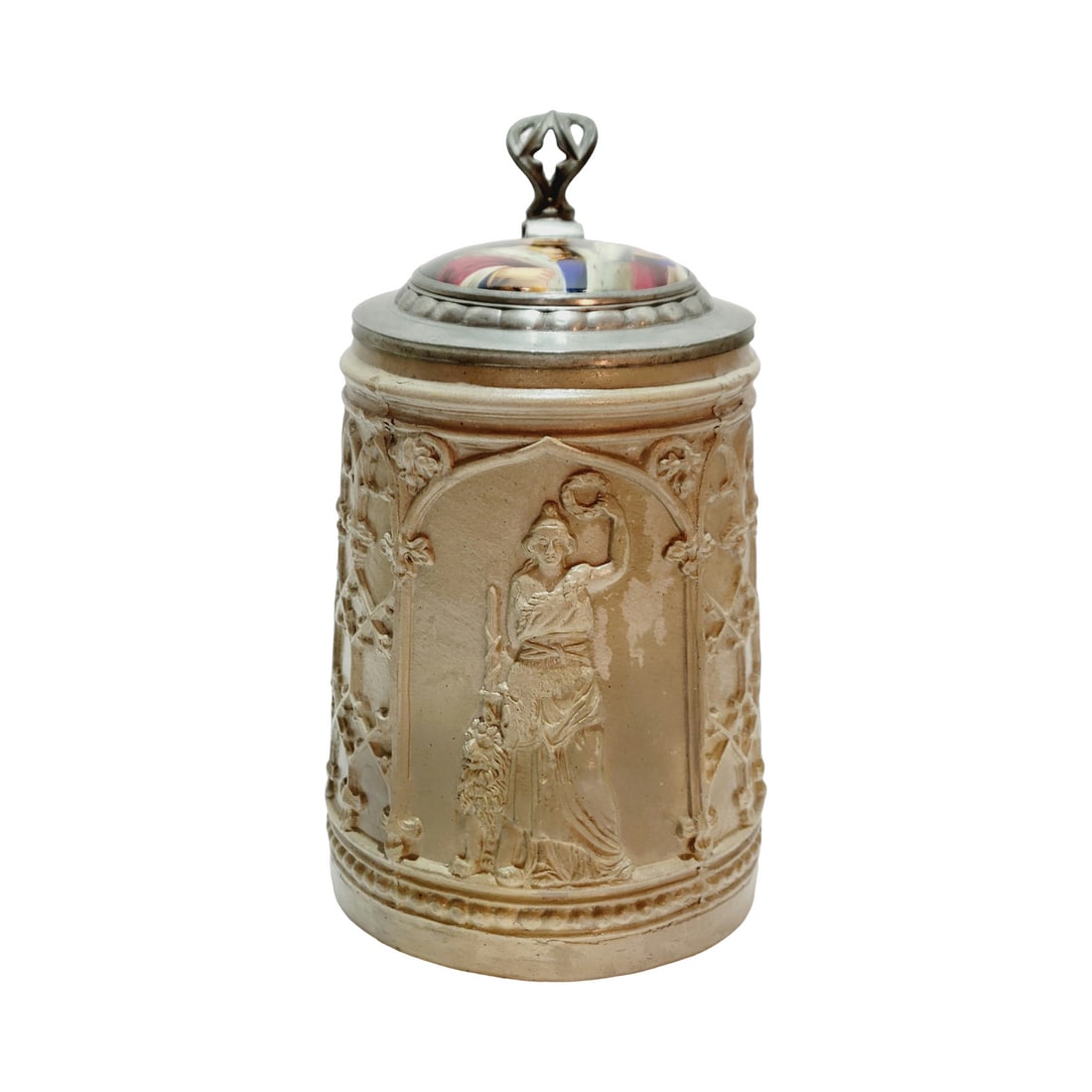 German Beer Stein, Woman Holding Wreath with Lion (1 of 10)