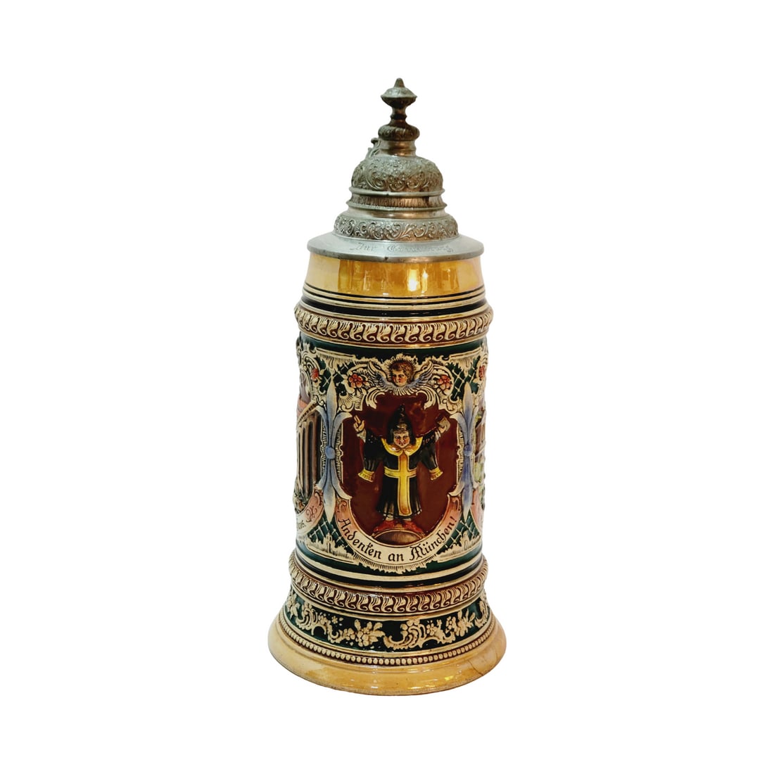 A.J. Thewalt #500 Beer Stein, Munich Child: 1.0 Liter Pottery in relief, circa 1890's