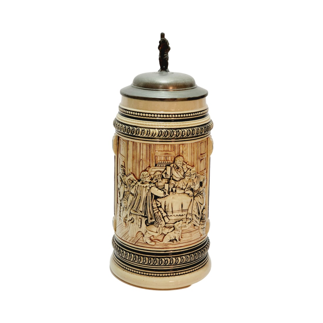 Marzi & Remy #68 Beer Stein, Tavern Scene: 1.0 Liter Pottery with pewter lid, signed by Gustave Thinwible, circa late 1880's