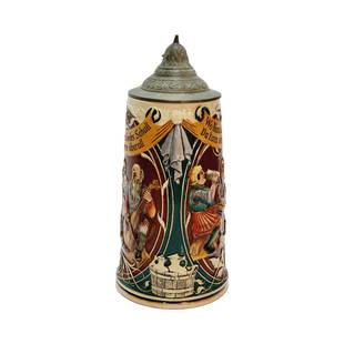 Dumler & Breiden #551 Beer Stein, Drinkers in Gothic Times: 1.0 Liter Pottery in relief with pewter lid, circa early 1890's