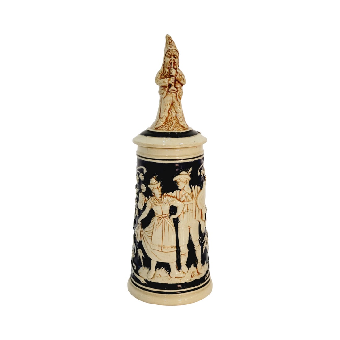 Matthias Girmscheid #1161 Beer Stein, Courting Couple: 1/2 Liter Pottery in relief with character pottery lid, signed by George Killian "Karl" Bueler, circa 1890's