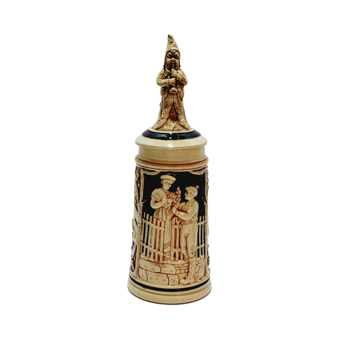 Matthias Girmscheid #1321 Beer Stein, Farewell: 1/2 Liter Pottery in relief with character pottery lid, circa 1890's