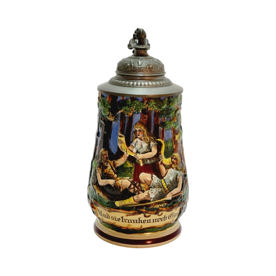 Marzi & Remy #1549 Beer Stein, Early Germans: 1/2 Liter Pottery in relief with pewter lid, circa early 1900's