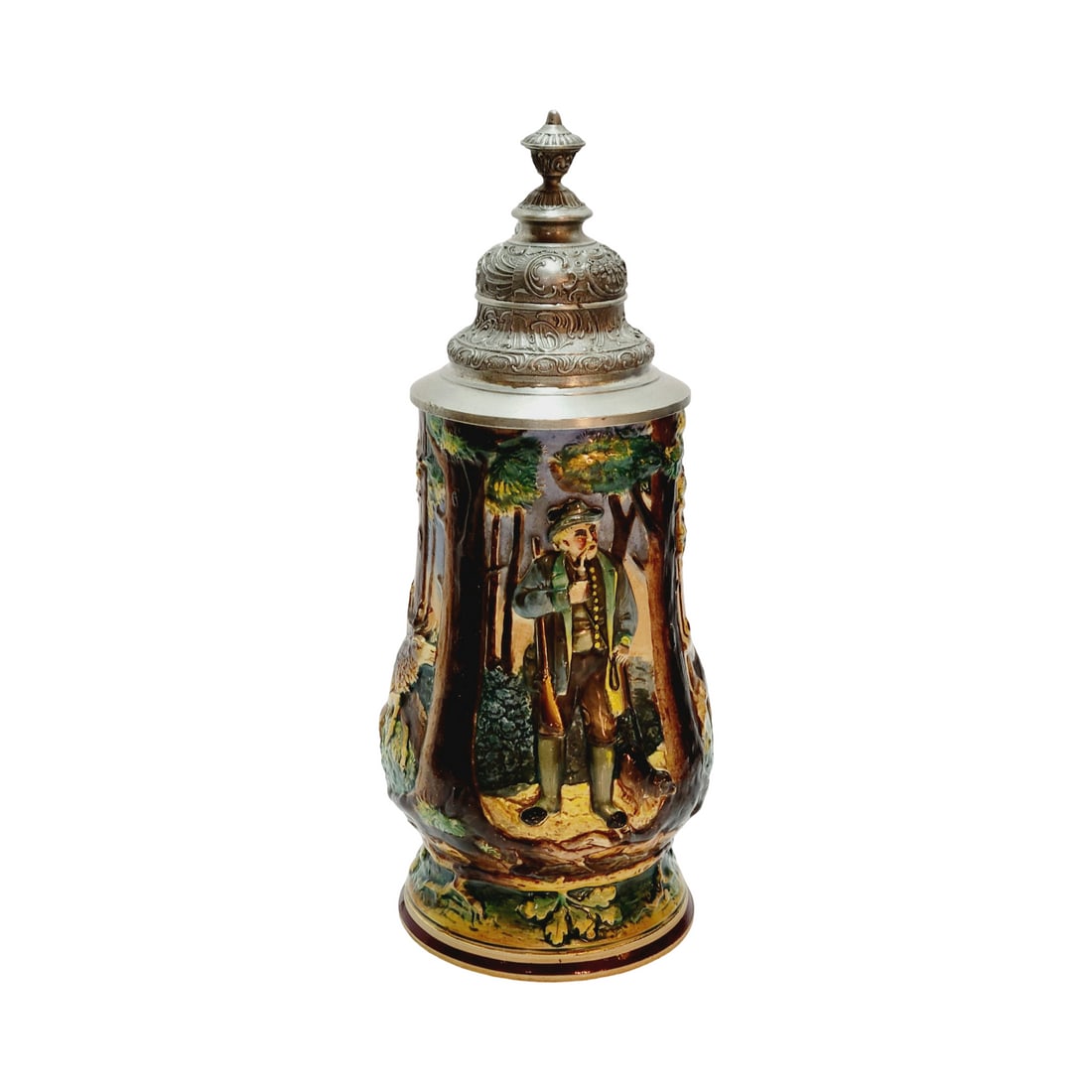 Marzi & Remy #1693 Beer Stein, Hunter: 1/2 Liter Pottery in relief with pewter lid, circa early 1900's