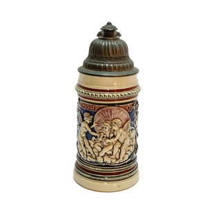 Dumler & Breiden #368 Beer Stein, Angels Under Umbrella: 1/2 Liter Pottery in relief with pewter lid, circa early 1890's