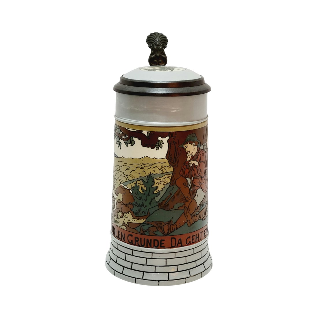 Mettlach #2833B Beer Stein, In A Cool Valley: 1/2 Liter Stoneware etched with inlaid lid, signed M.C., circa 1905