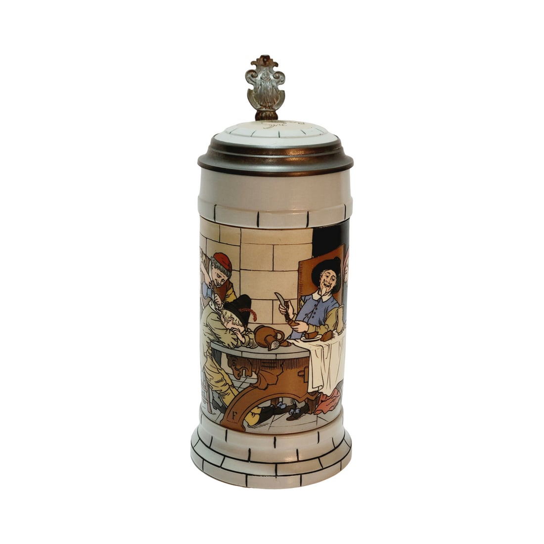 Mettlach #2880 Beer Stein, Tavern Scene: 1/2 Liter Stoneware etched with inlaid lid, signed by Fritz Quidenus, circa 1904