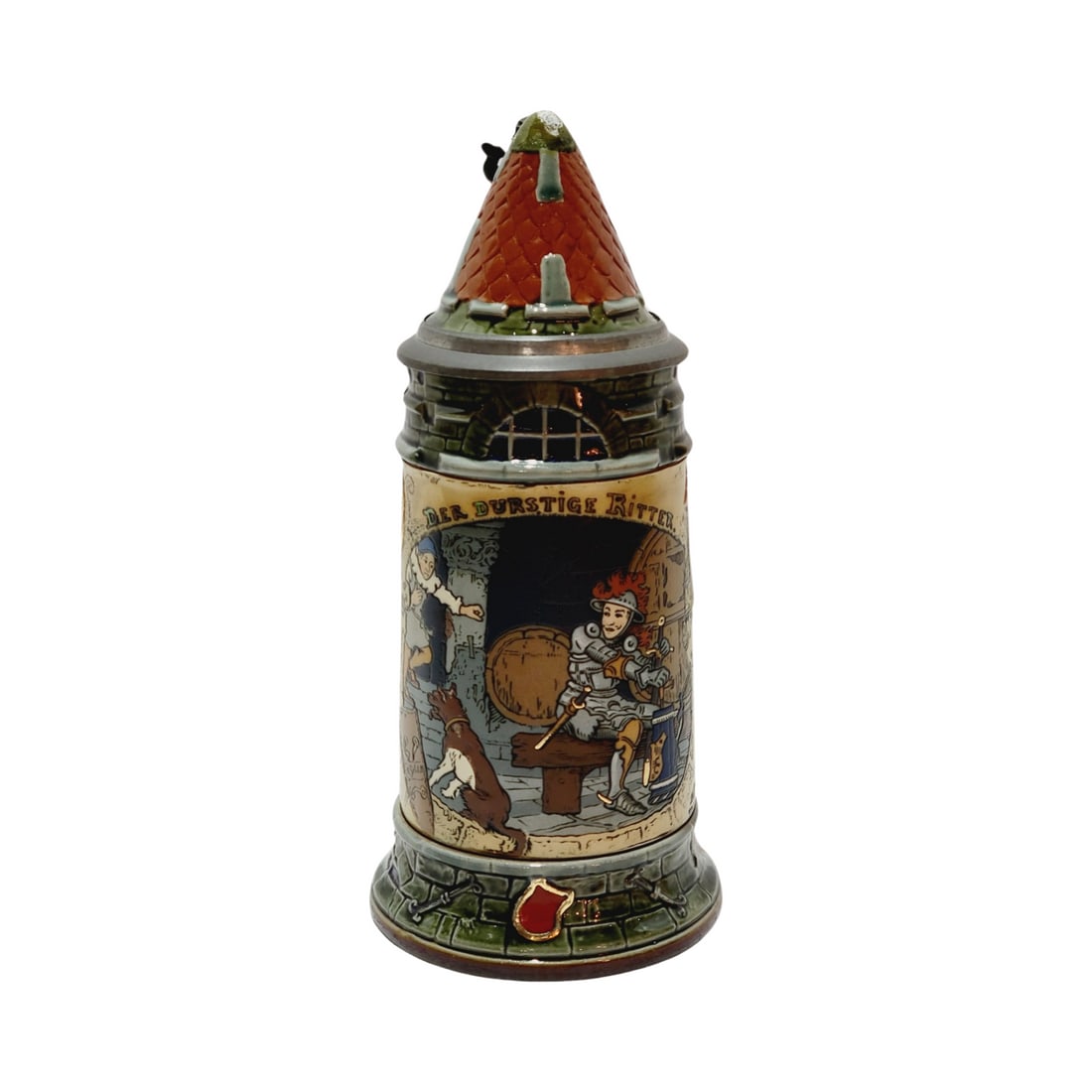 Mettlach #2382 Beer Stein, Thirsty Knight: 1/2 Liter Pottery etched in relief with conical inlaid lid, signed by Heinrich Schlitt, circa 1904