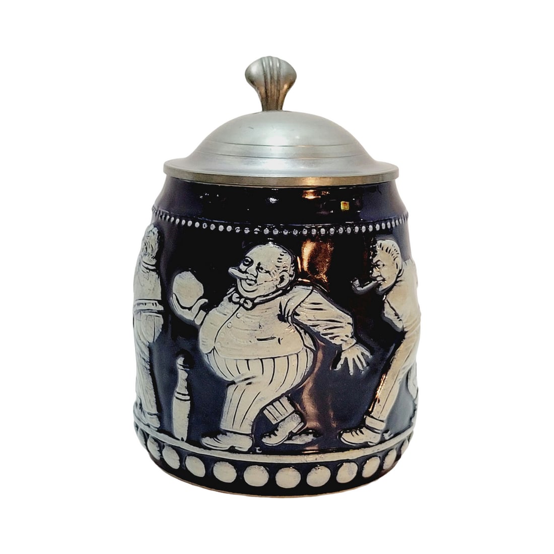 Eckert & Engler #1849 Beer Stein, Bowling Stein: 1/2 Liter Stoneware in relief with pewter lid, circa 1920's