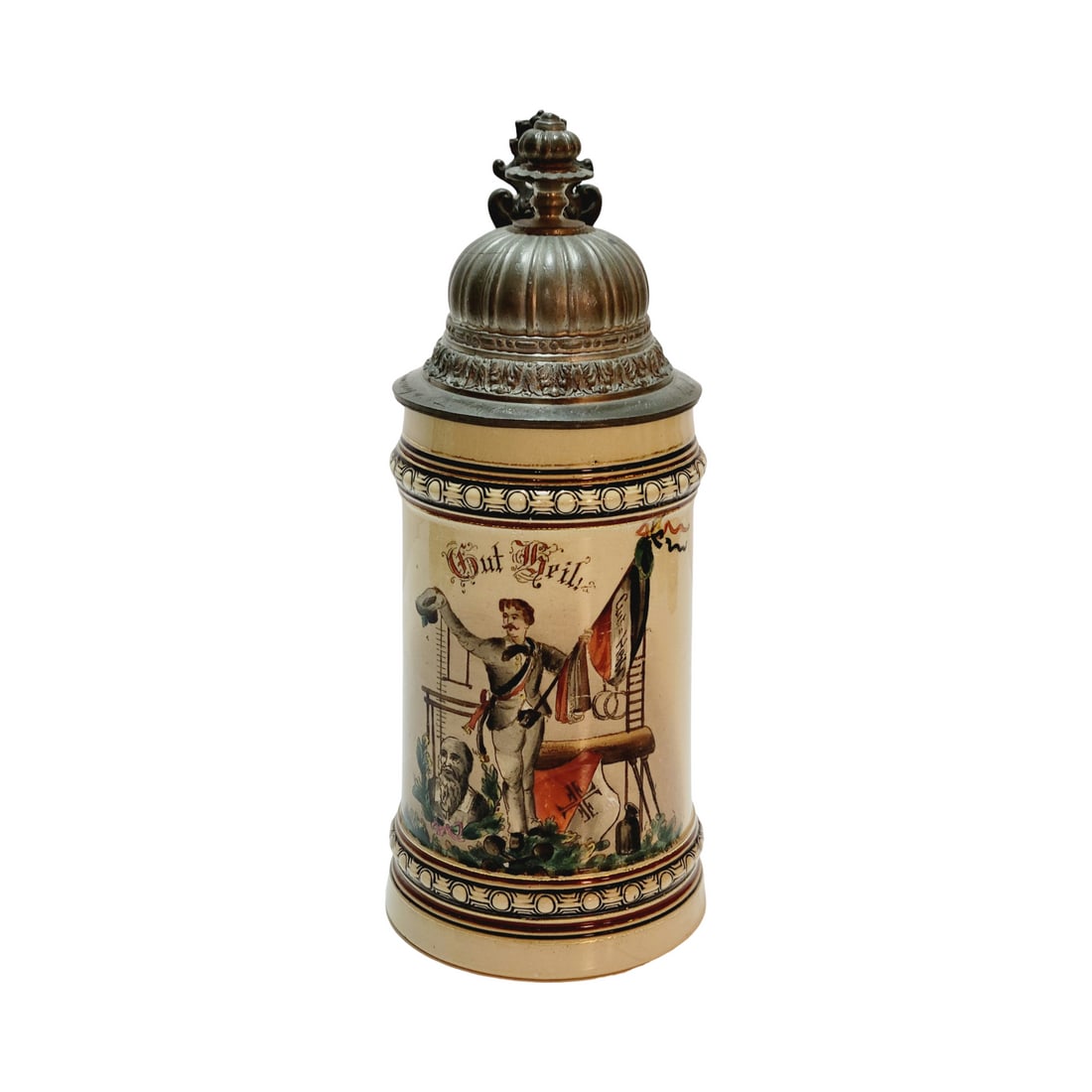 German Beer Stein, Gymnast: 1/2 Liter Pottery hand painted transfer with pewter lid, circa 1890's