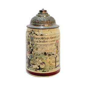 Mettlach #1909/942, German Beer Stein, Night Watchman with Saying