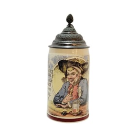 Mettlach #1909/1074, German Beer Stein, Swabian Farmer with Saying