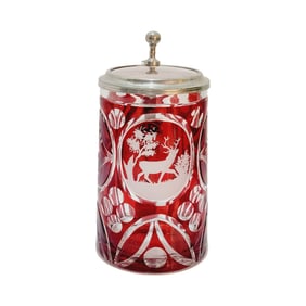 Glass Stein, German Beer Stein, Decorated Stag Stein