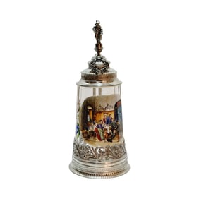 Glass Stein, German Beer Stein, Family Table Scene with Hunter