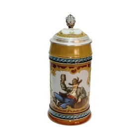 Mettlach #2054, German Beer Stein, German Drinking Leaning on Barrel