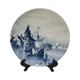 Mettlach #1044/5081, German Delft Plaque, Docks & Boats