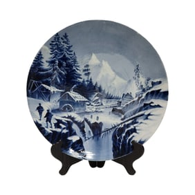 Mettlach #1044/5195, German Delft Plaque, Mountain Scene with House