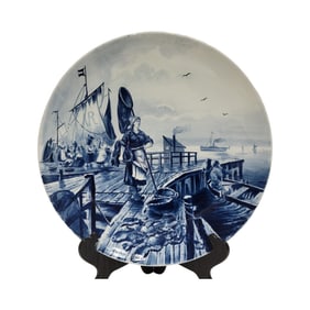 Mettlach #1044/5162, German Delft Plaque, Woman at Dock Holding Net