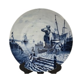 Mettlach #1044/5161, German Delft Plaque, Woman at Dock Watching Boats
