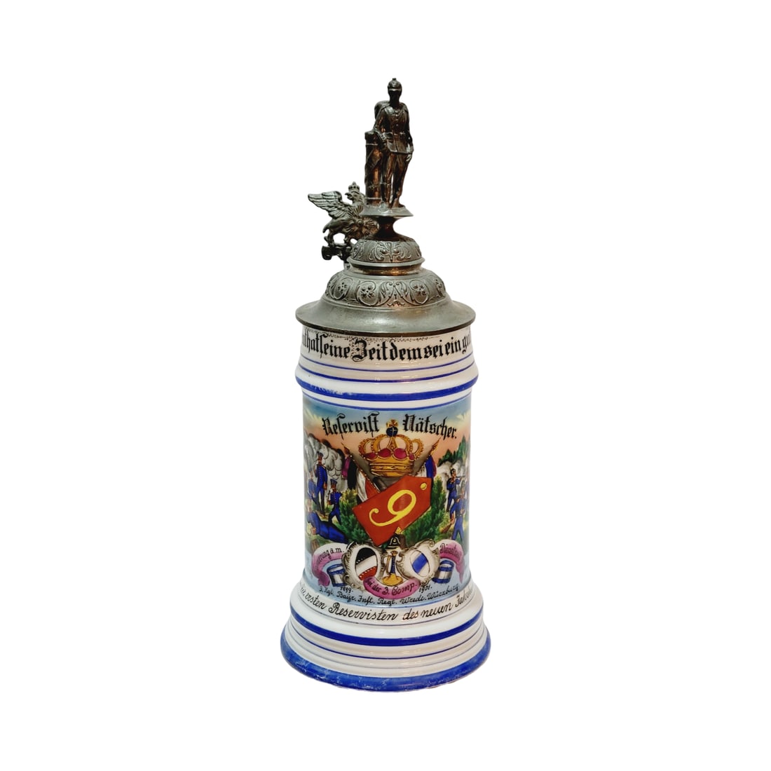 Porcelain Stein, German Regimental Beer Stein, 9. Kgl. Bayr. Inft. Regt. Wrede. Wiernburg. 3. Comp. (1 of 13)