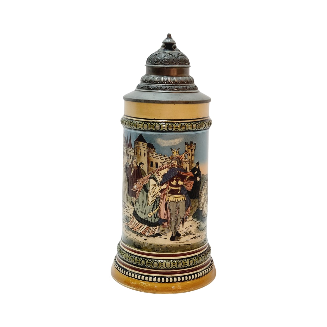 Hauber & Reuther #417, German Beer Stein, Lohengrin’s Departure: 1/2 Liter pottery etched with music box base and nice pewter lid, circa late 1890's