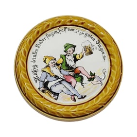 Mettlach #1032, German Coaster, 2 Gnomes Talking 1 Holding up Beer Stein