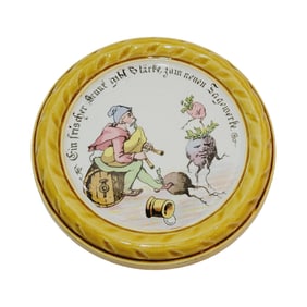 Mettlach #1032, German Coaster, Gnome Sitting on Barrel Playing Bag Pipes