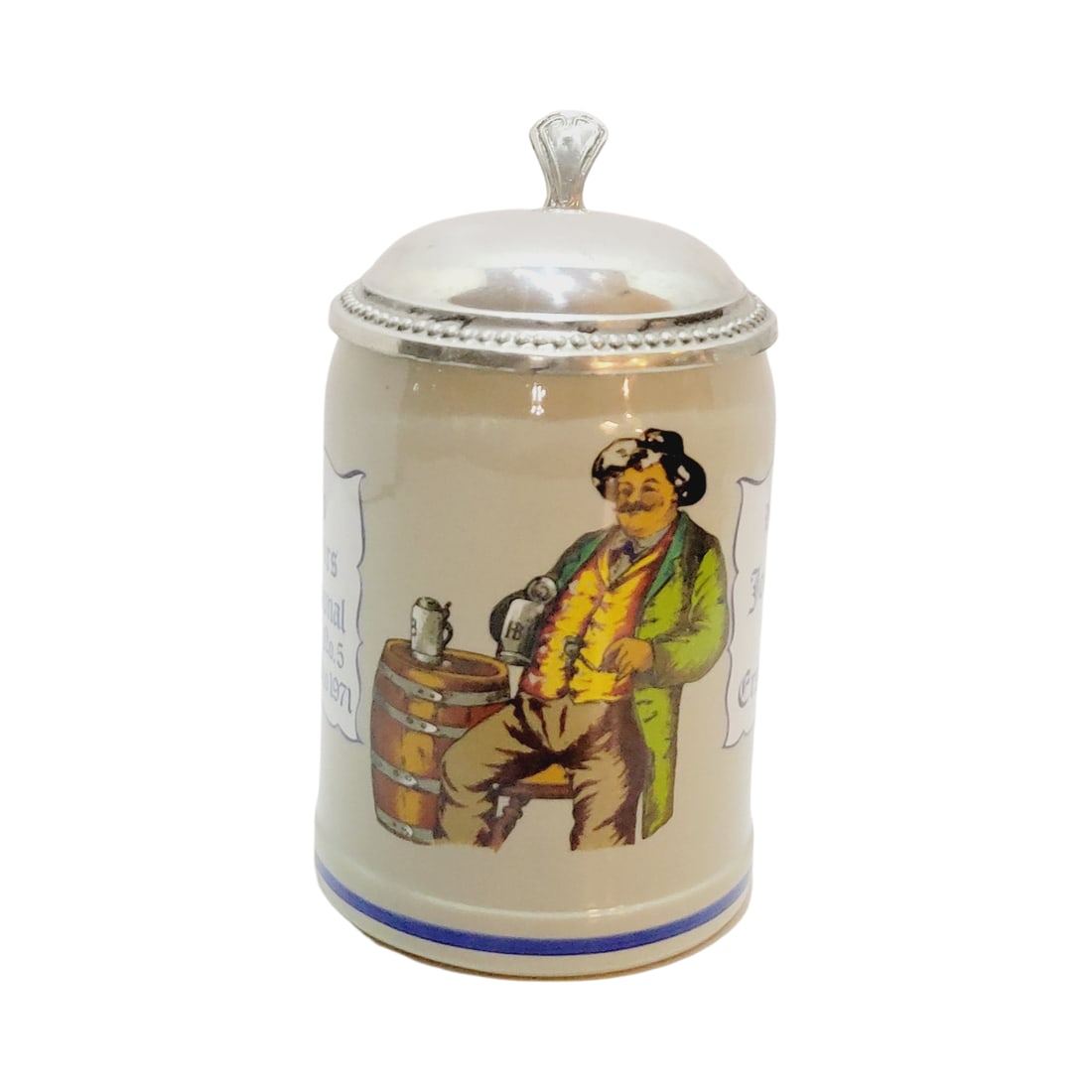 Wick - Werke, German Beer Stein, 1971 SCI Convention Stein, San Francisco, CA: 1/2 Liter stoneware print over glaze with pewter lid, circa 1971