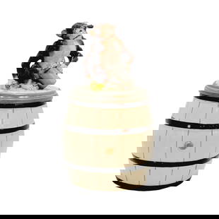 Schierholz & Sohn #91, German Character Beer Stein, Monkey on Barrel: 1/2 Liter porcelain with figural lid and herring handle, uncommon, Monkeys (Affen), in Germany and elsewhere, are symbolic of drunkenness (monkey on ones back). White radishes are a favorite Bavarian